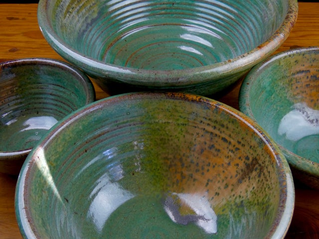 Four Piece Mixing Bowl Set in Gloss Green Glaze glaze by Bowen Pottery