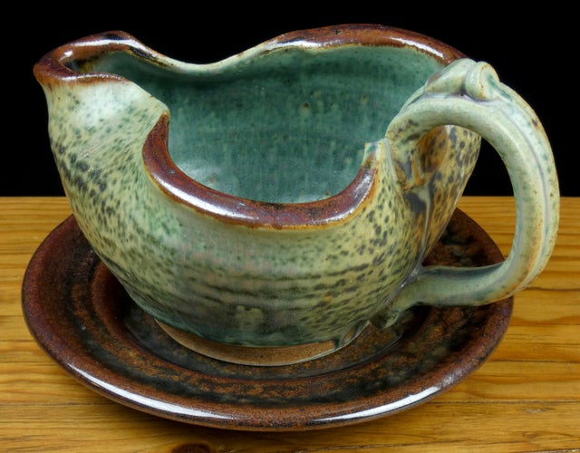Handmade stoneware gravy boat with plate in Hobbit/ Tenmoku glaze by Bowen  Pottery